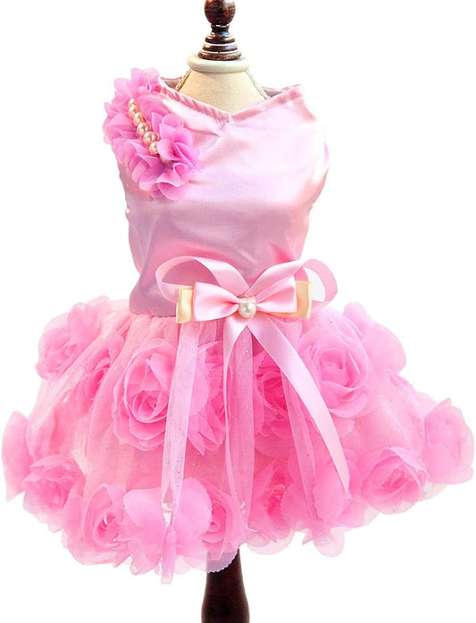 Puptastic Pink Tutu Costume Satin Rose Pearls Girl Formal Dress for fur baby