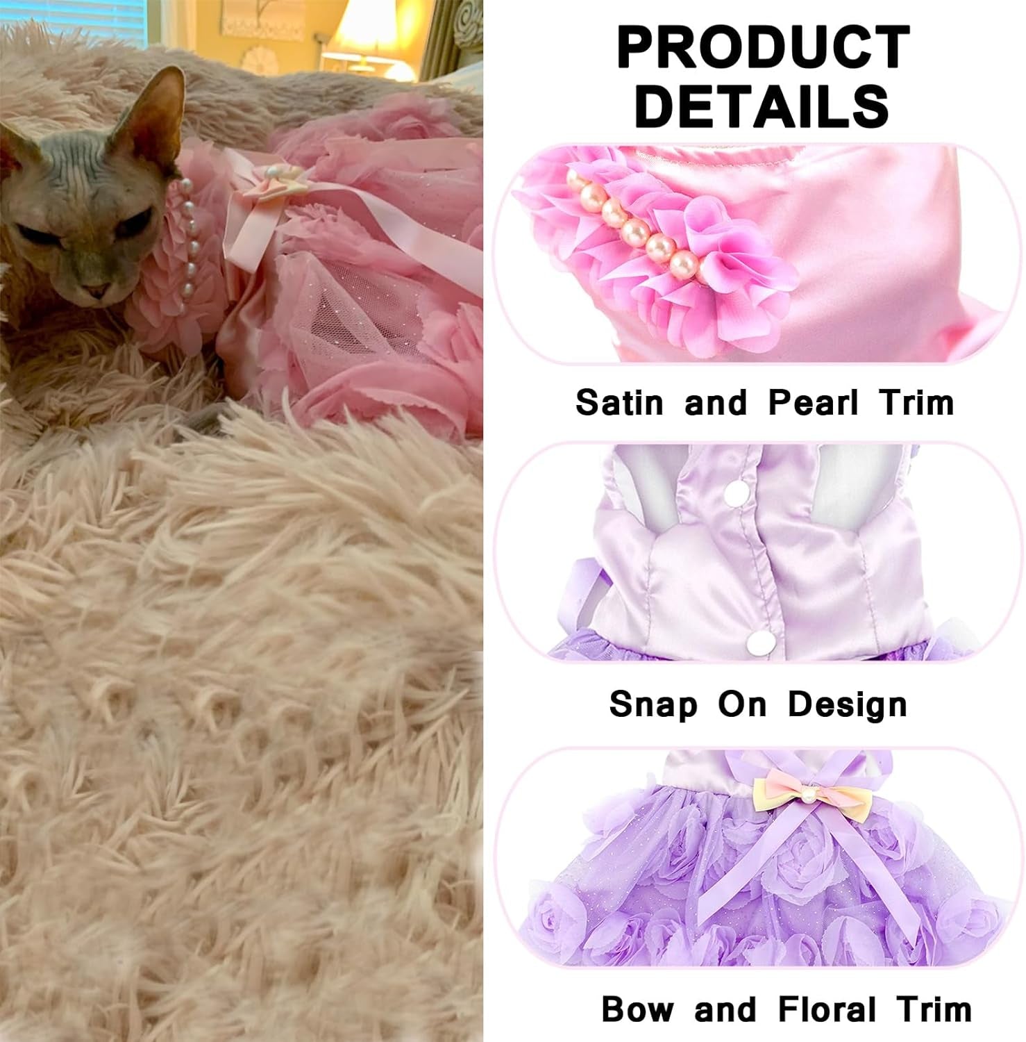 Puptastic Pink Tutu Costume Satin Rose Pearls Girl Formal Dress for fur baby