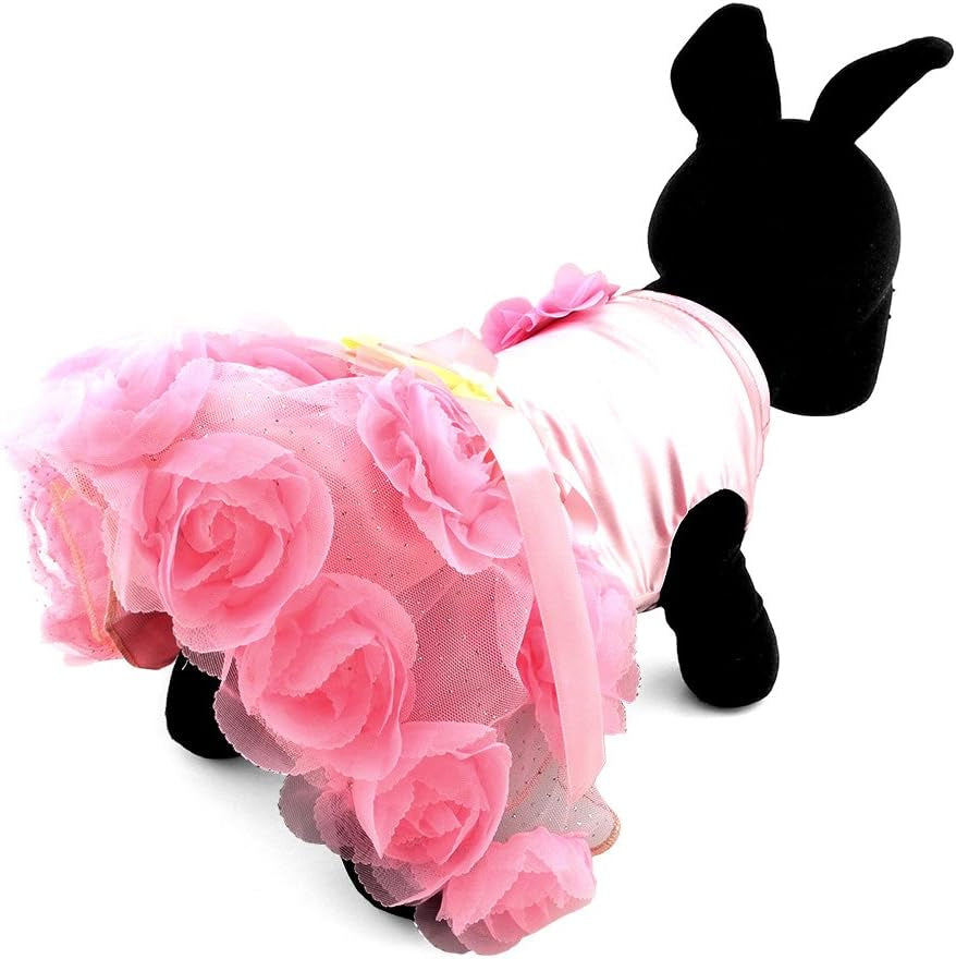 Puptastic Pink Tutu Costume Satin Rose Pearls Girl Formal Dress for fur baby