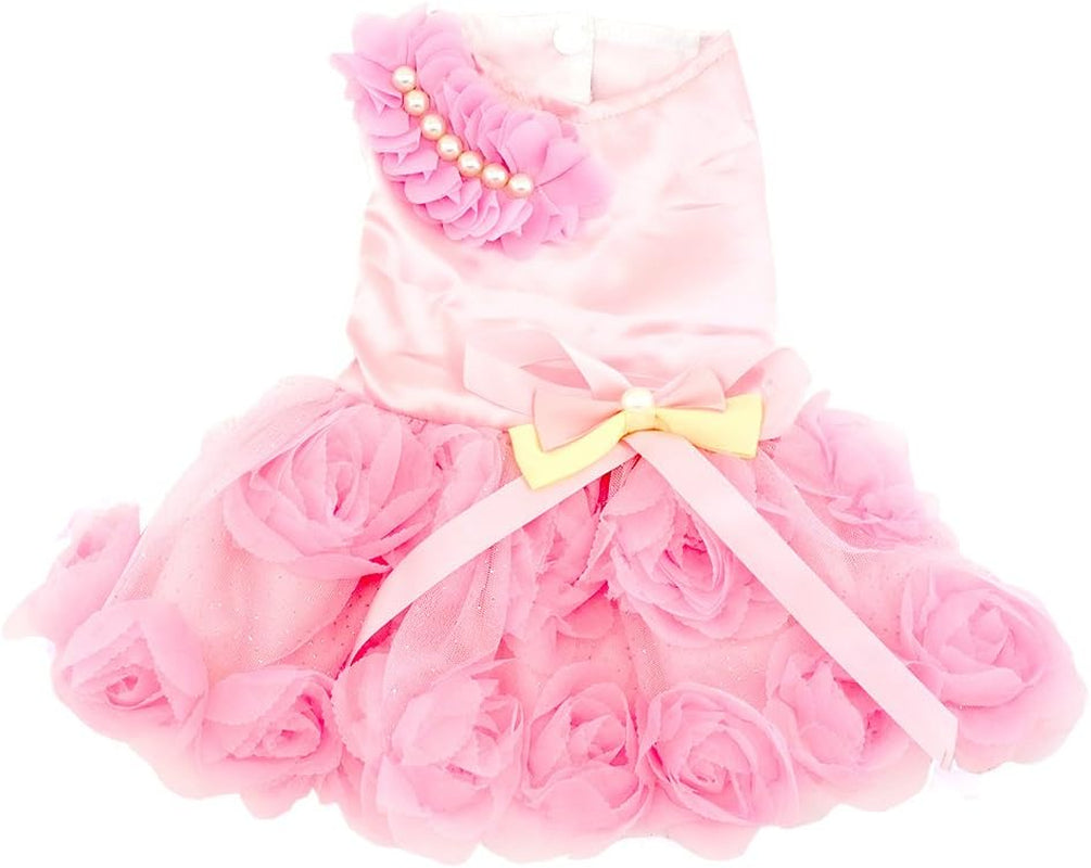 Puptastic Pink Tutu Costume Satin Rose Pearls Girl Formal Dress for fur baby
